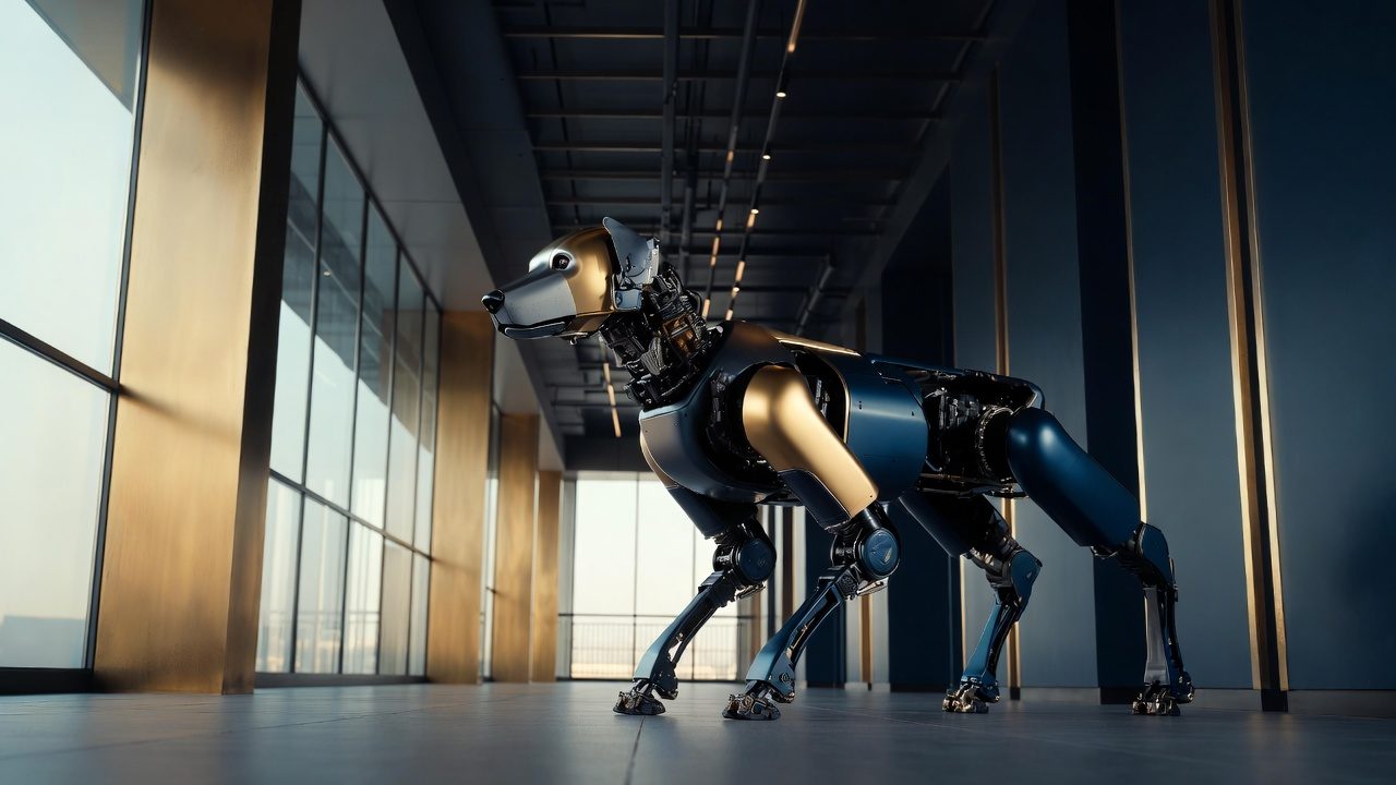 Robot dog in a modern corridor