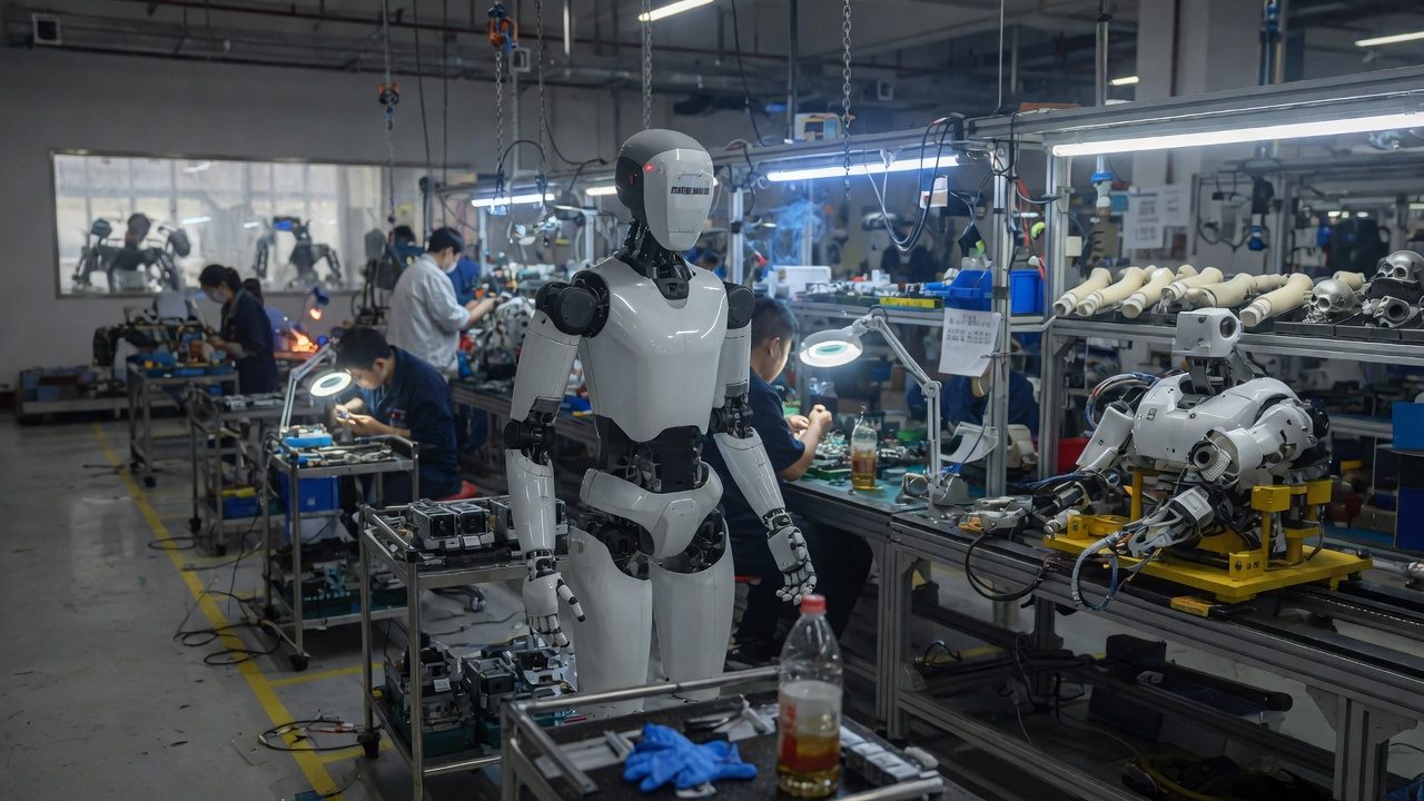 Humanoid robot in workshop setting